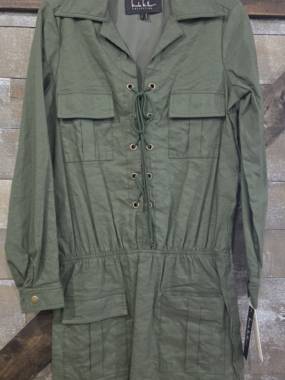 Nicole Miller Olive Green Utility Dress with Lace-Up Front - Picture 1 of 3